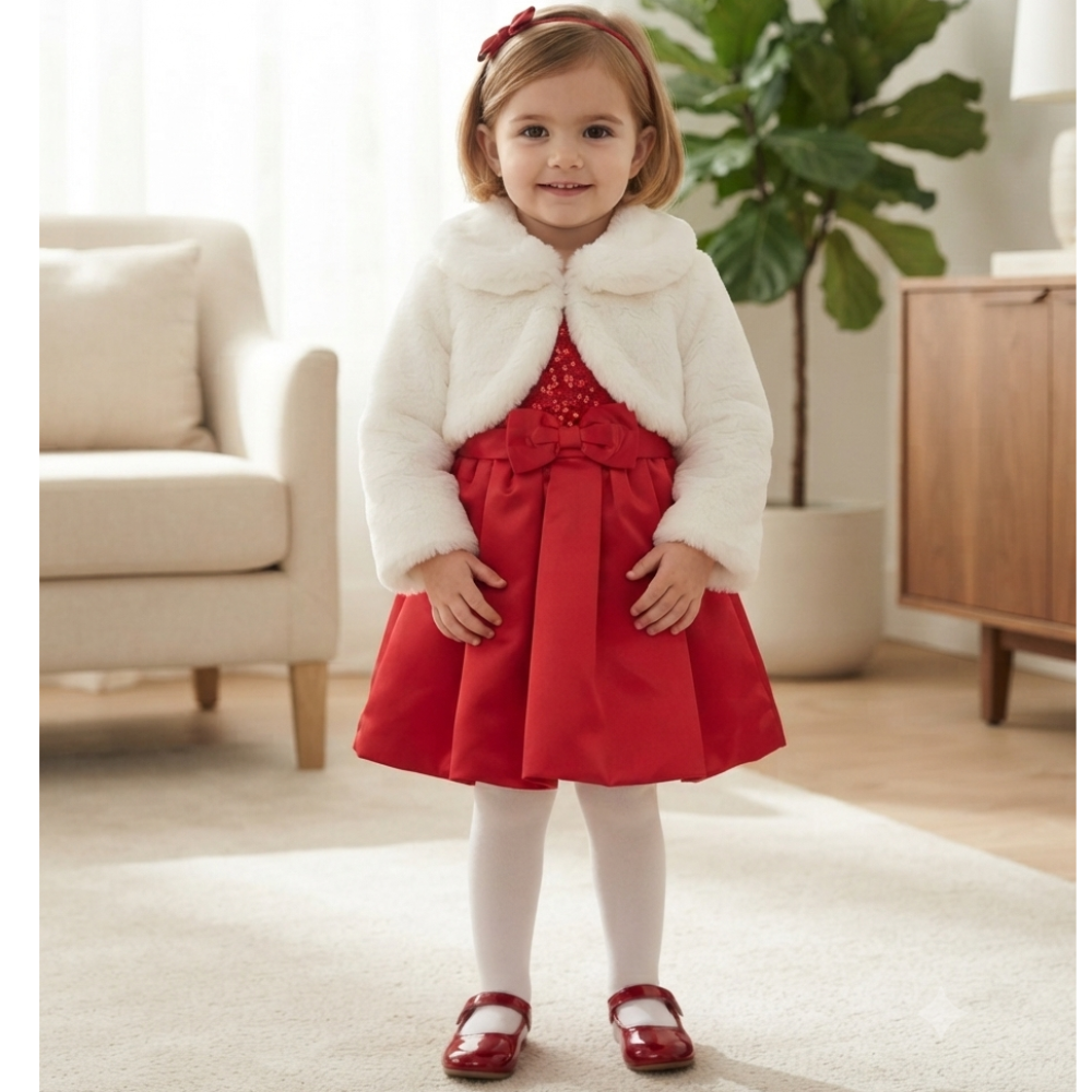 J16482INF: Baby Girls Sequin Bodice Dress & Faux Fur Bolero (9-24 Months) J16482INF: Baby Girls Sequin Bodice Dress & Faux Fur Bolero (9-24 Months)